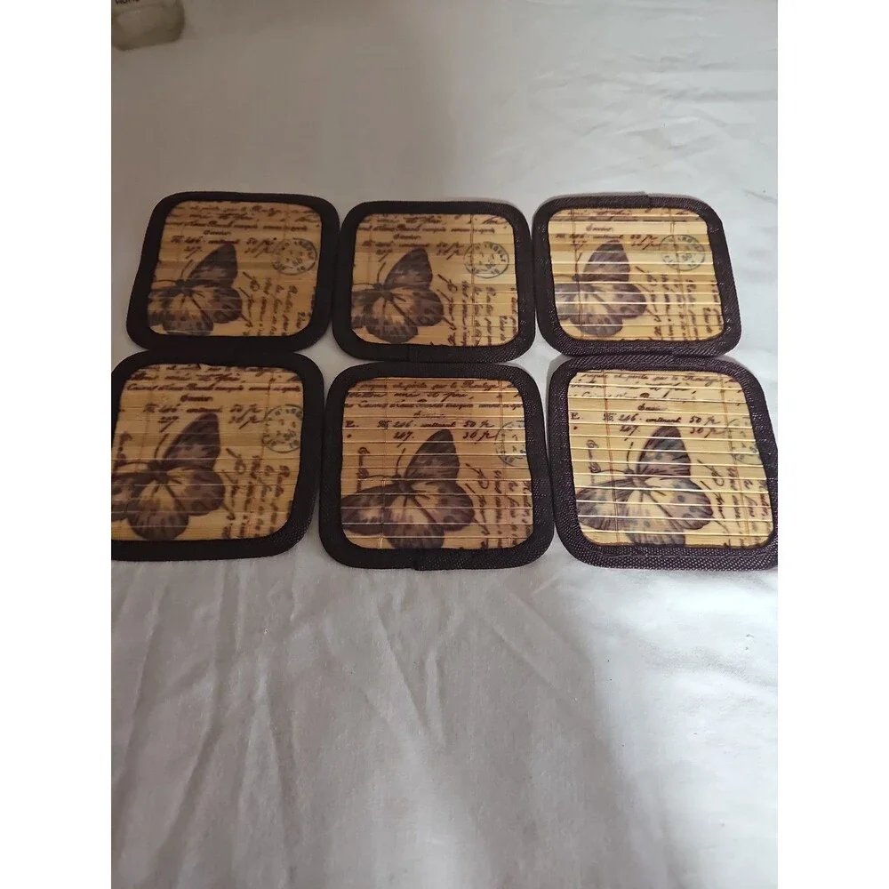 Vintage Style Bamboo Butterfly Coaster Set of 6 Brown Fabric Trim 4.5 Inch